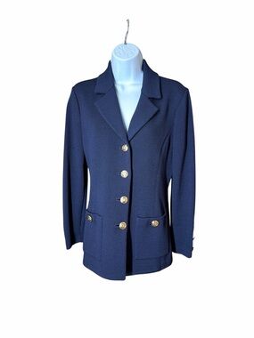 St. John Navy Knit Gold Button Blazer Jacket Santana Style - Size 2